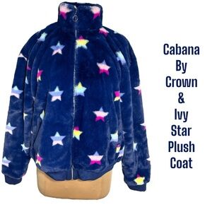 Crown & Ivy blue plush bomber jacket with multicolor star print Size Large